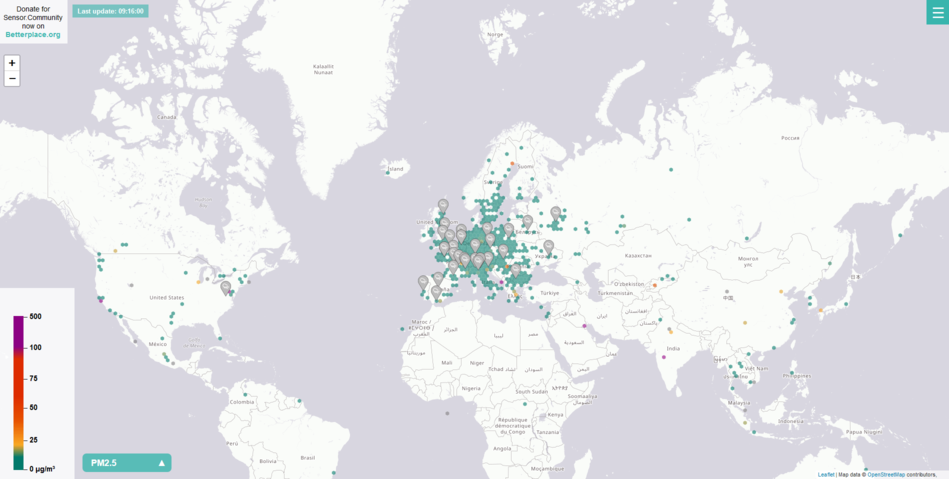 Screenshot der http://deutschland.maps.luftdaten.info - Weltkarte